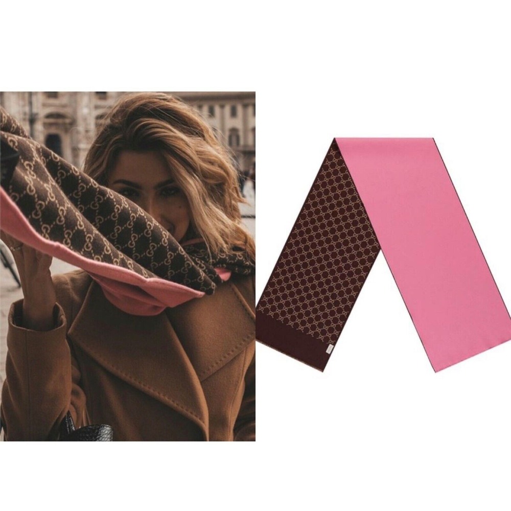 Authentic Gucci GG Logo Brown Pink 35x180cm/14"x71" Wool/Silk Shawl Scarf NWT